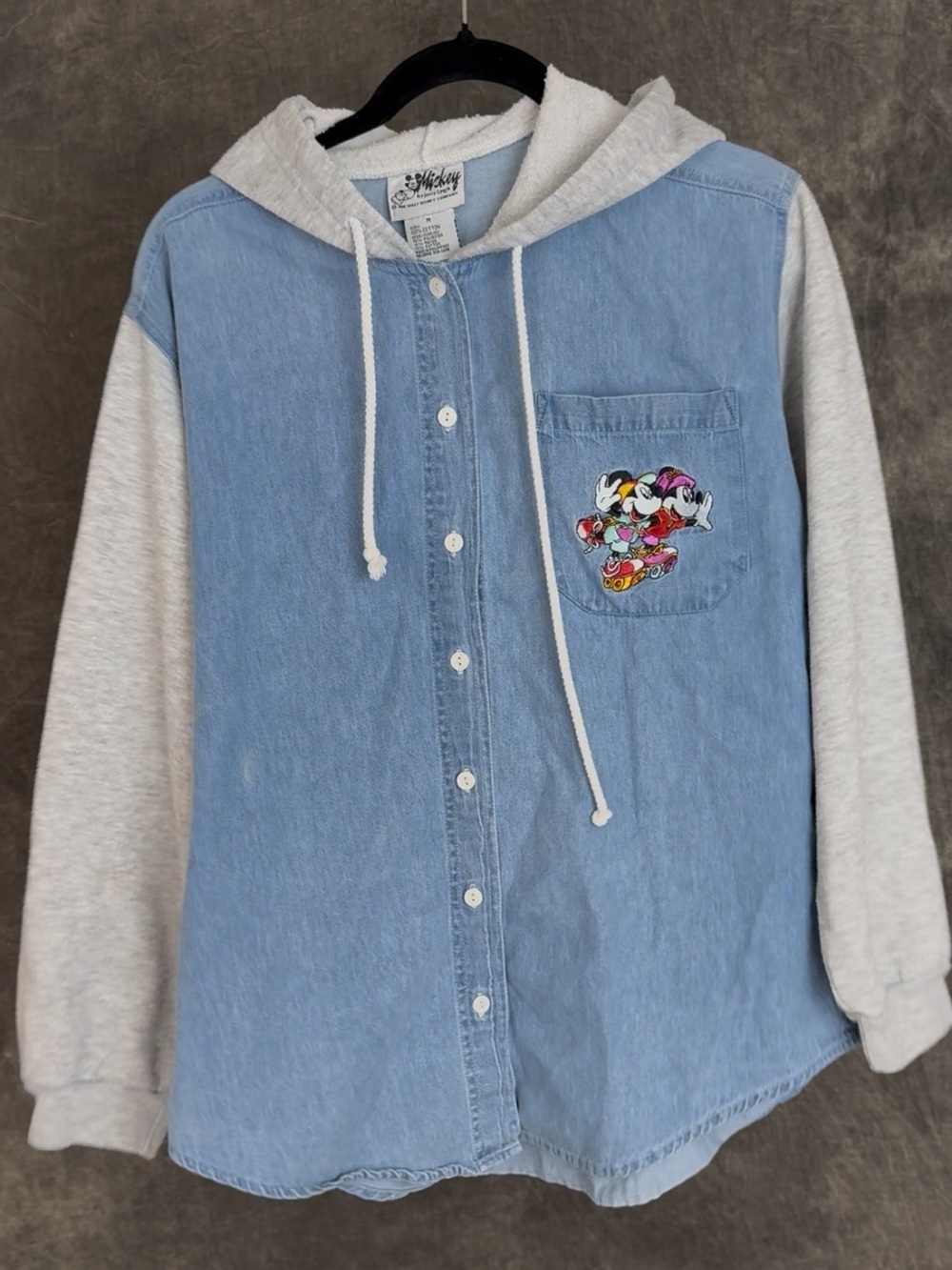Disney Light Blue Denim Button-Front Shirt with Grey Hooded Sleeves - Picture 4 of 5